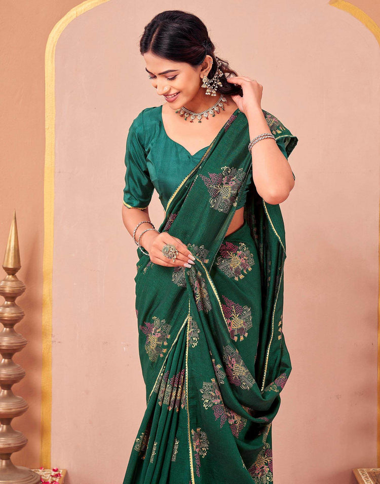 Green Vichitra Silk Foil Printed Saree