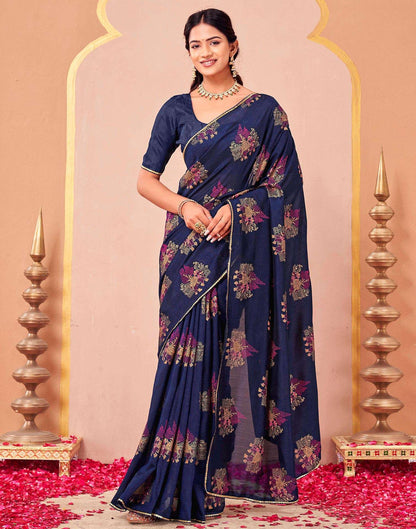 Navy Blue Vichitra Silk Foil Printed Saree