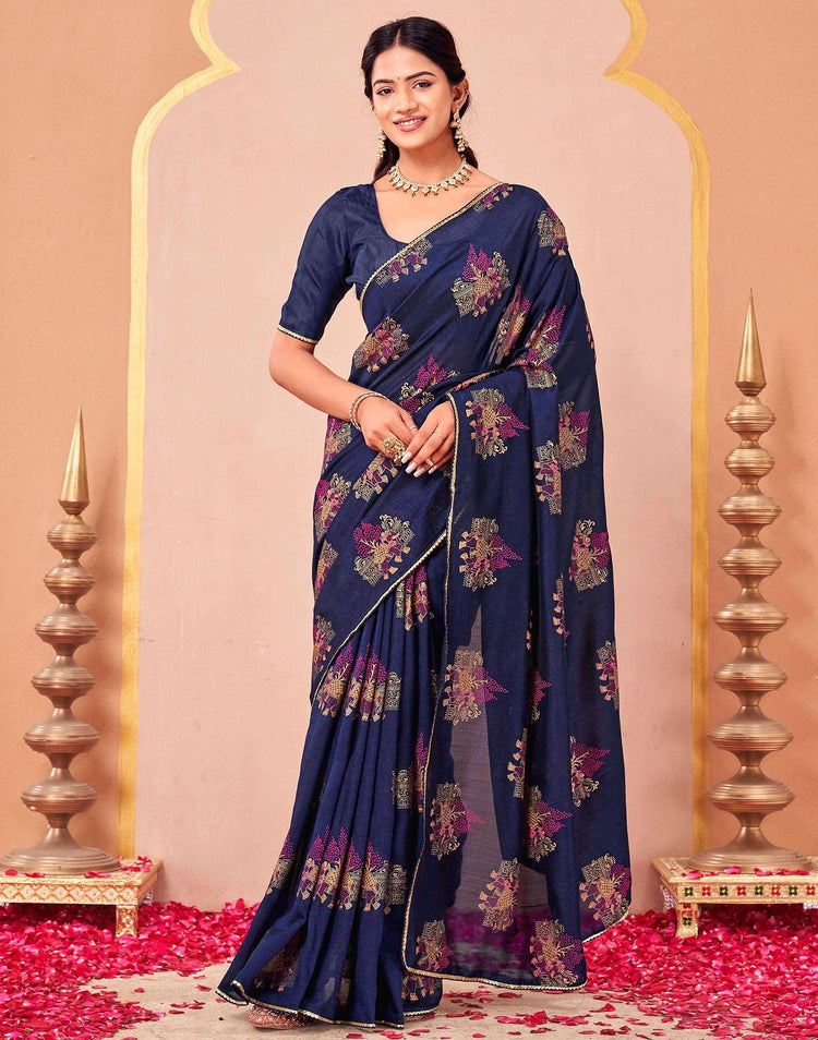 Navy Blue Vichitra Silk Foil Printed Saree