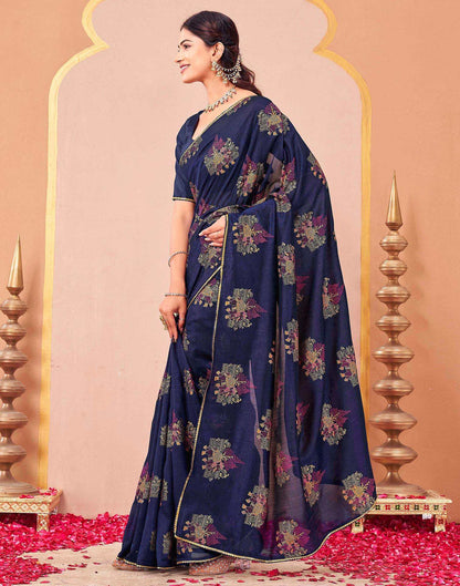 Navy Blue Vichitra Silk Foil Printed Saree