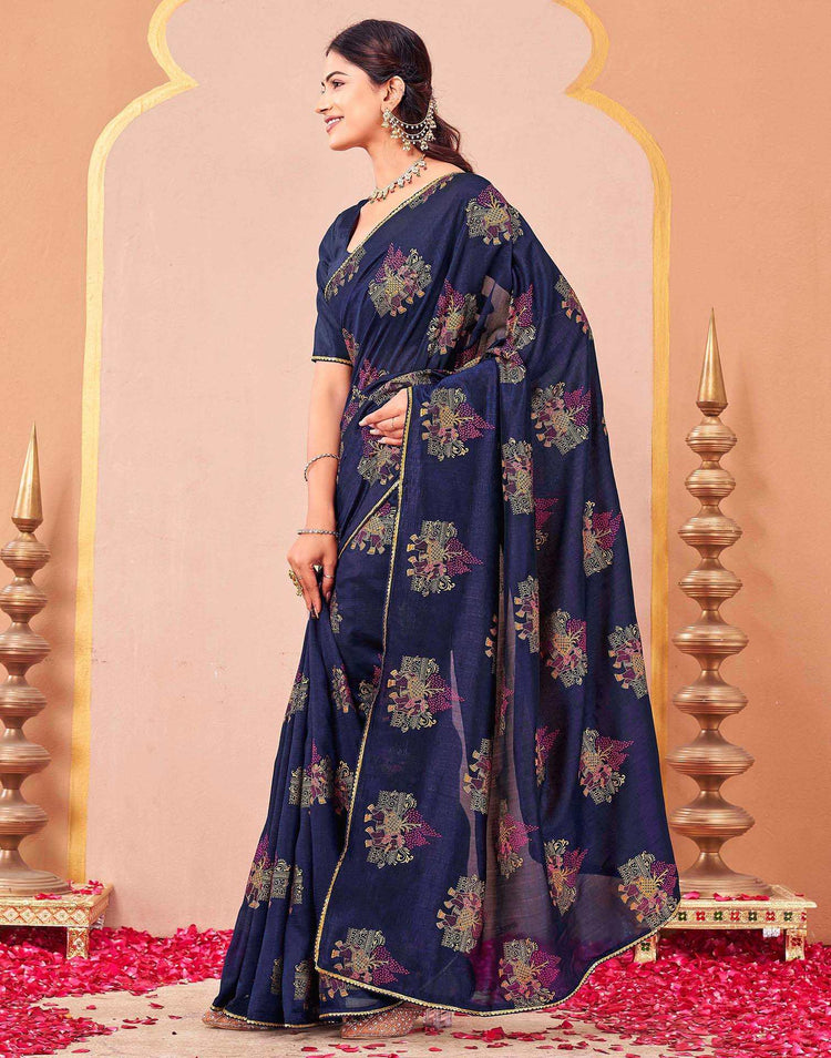 Navy Blue Vichitra Silk Foil Printed Saree