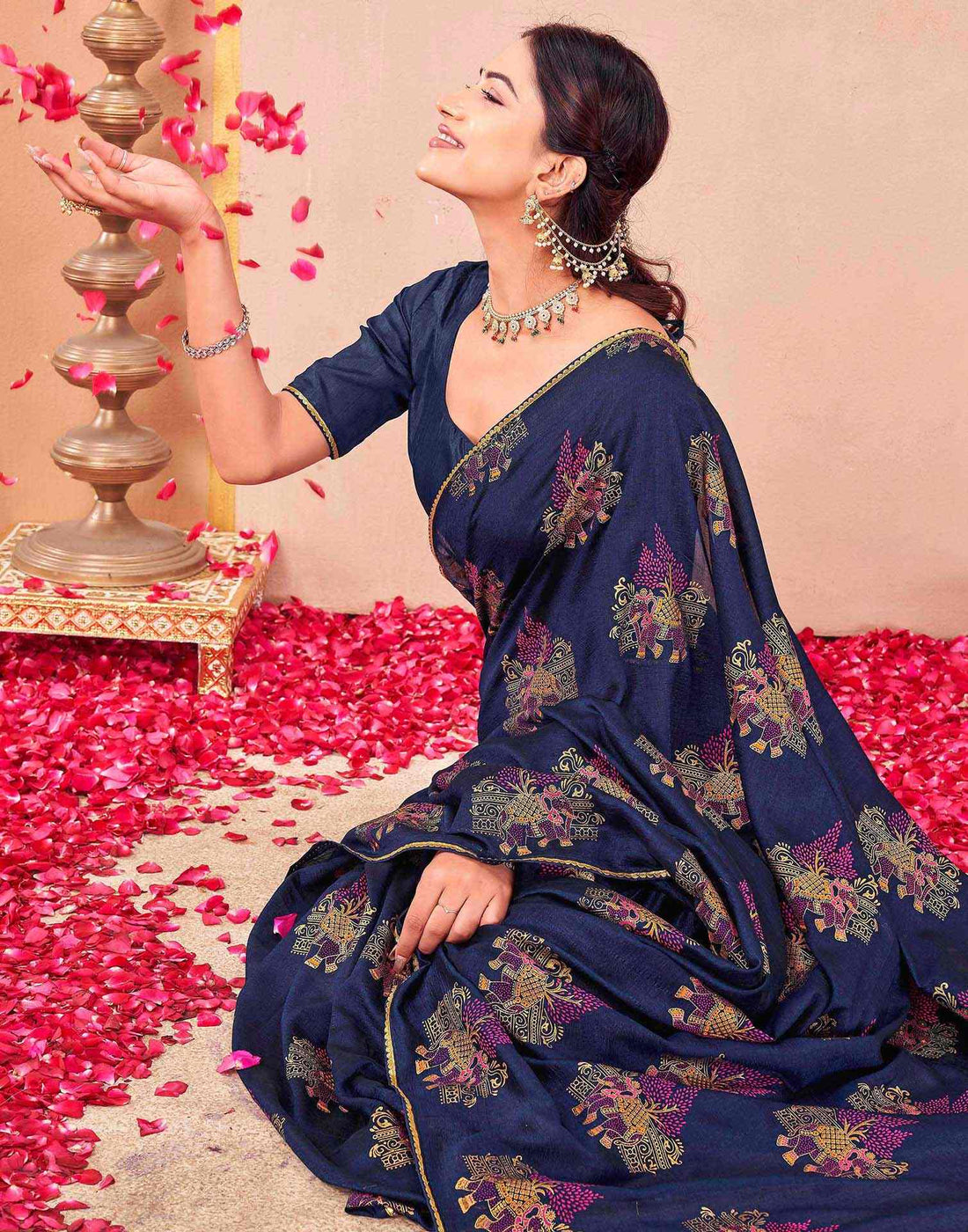 Navy Blue Vichitra Silk Foil Printed Saree