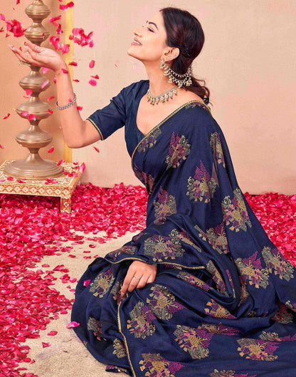 Navy Blue Vichitra Silk Foil Printed Saree