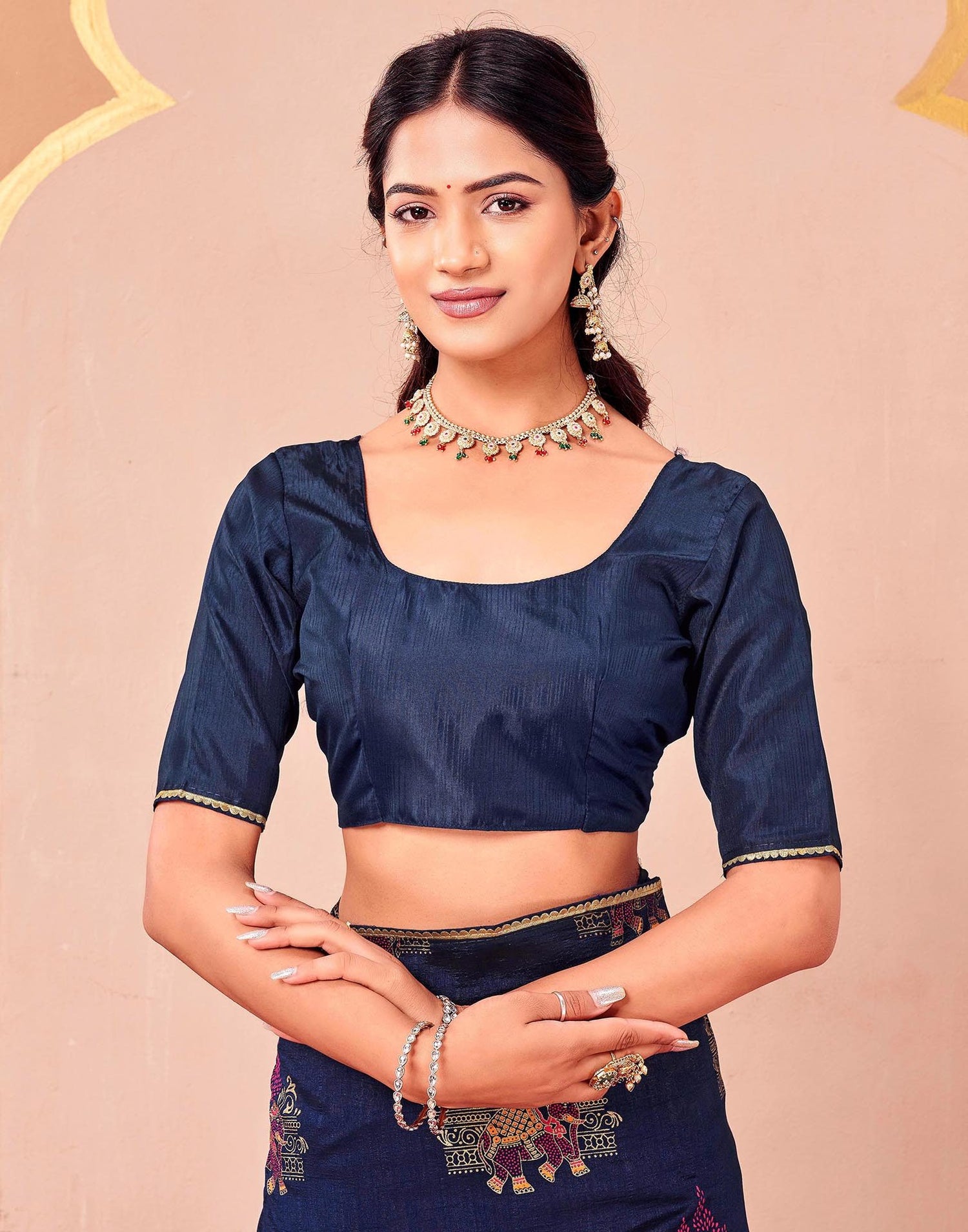 Navy Blue Vichitra Silk Foil Printed Saree