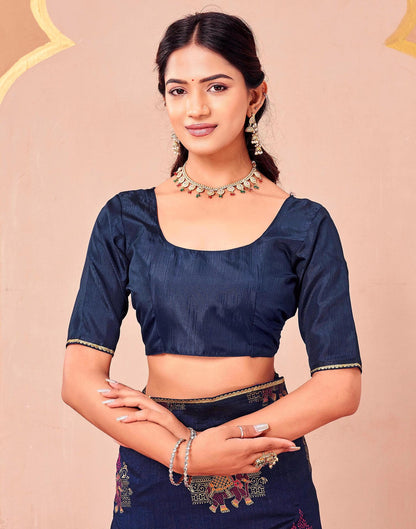 Navy Blue Vichitra Silk Foil Printed Saree
