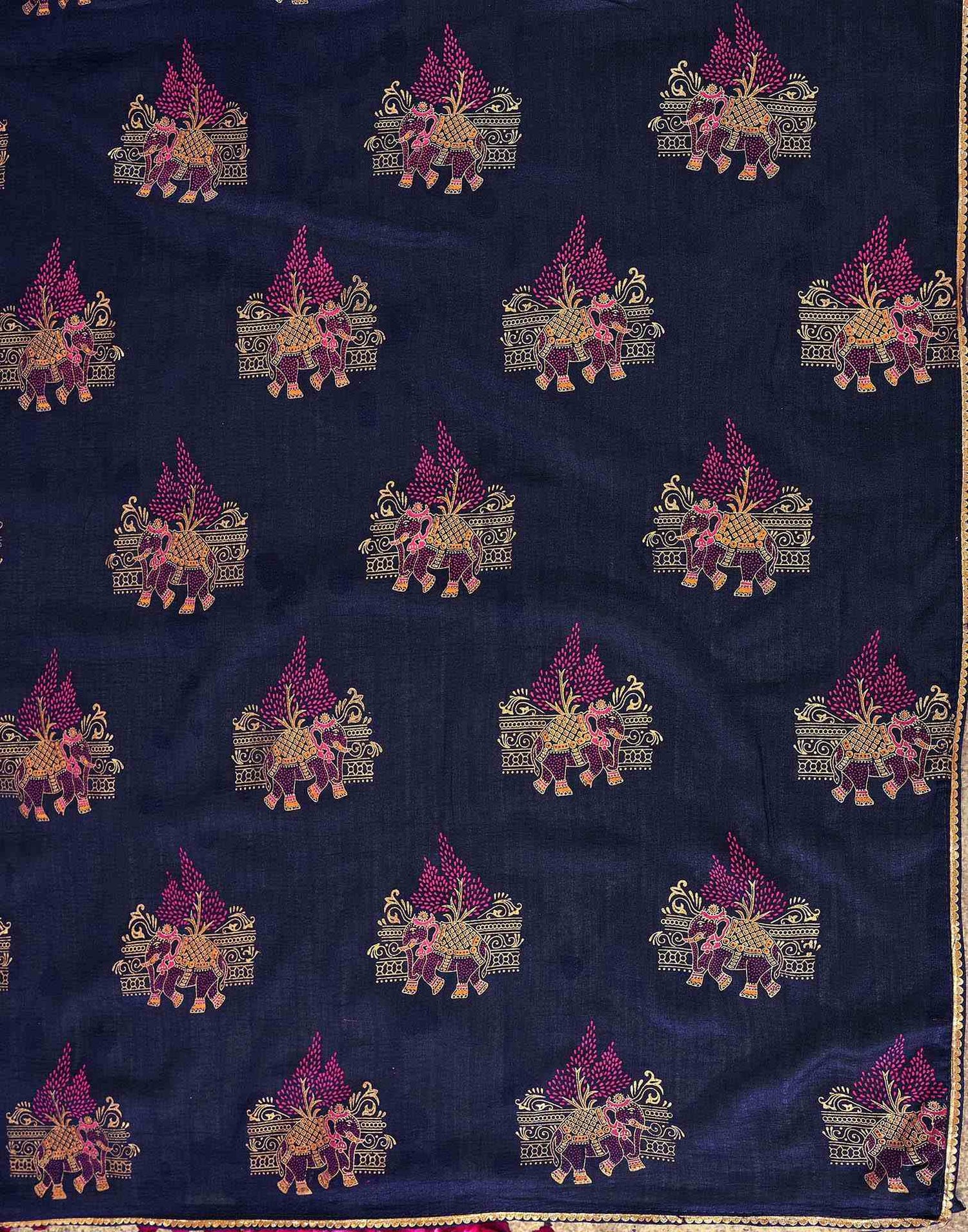 Navy Blue Vichitra Silk Foil Printed Saree