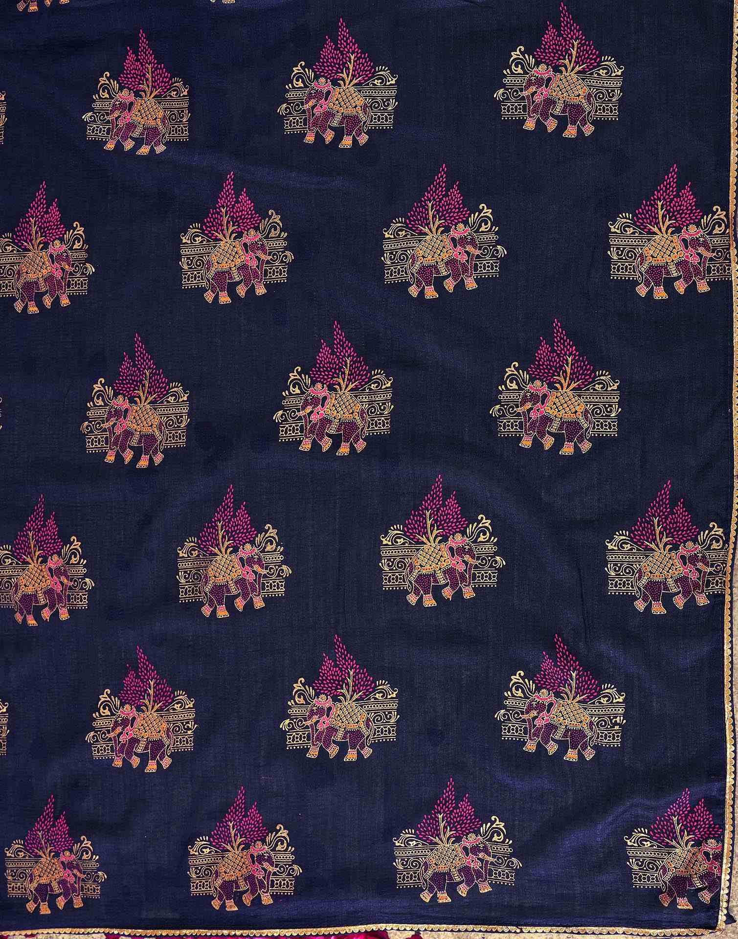 Navy Blue Vichitra Silk Foil Printed Saree