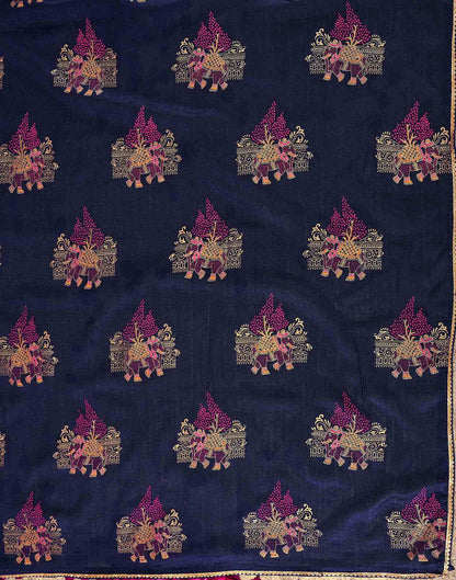 Navy Blue Vichitra Silk Foil Printed Saree