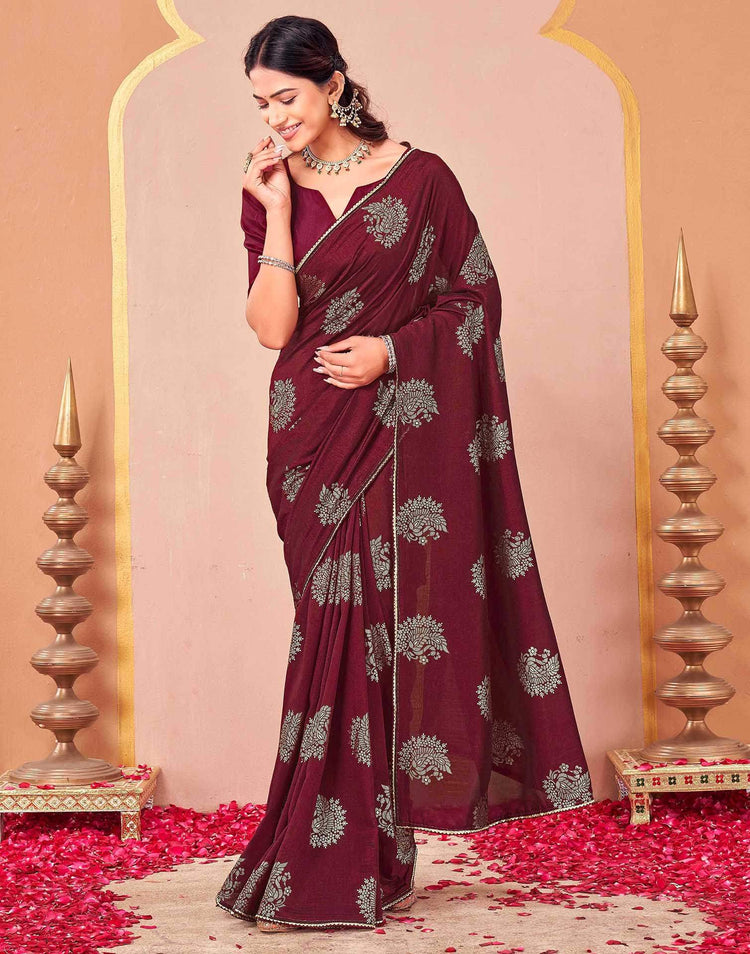 Maroon Vichitra Silk Foil Printed Gota Lace Saree