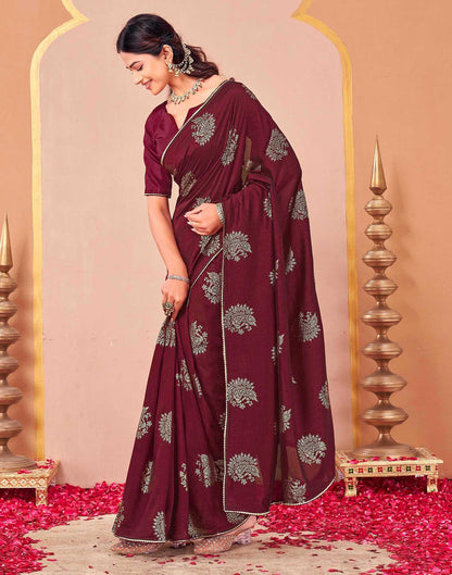 Maroon Vichitra Silk Foil Printed Gota Lace Saree