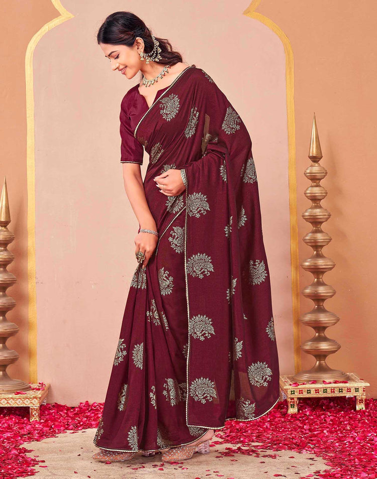 Maroon Vichitra Silk Foil Printed Gota Lace Saree