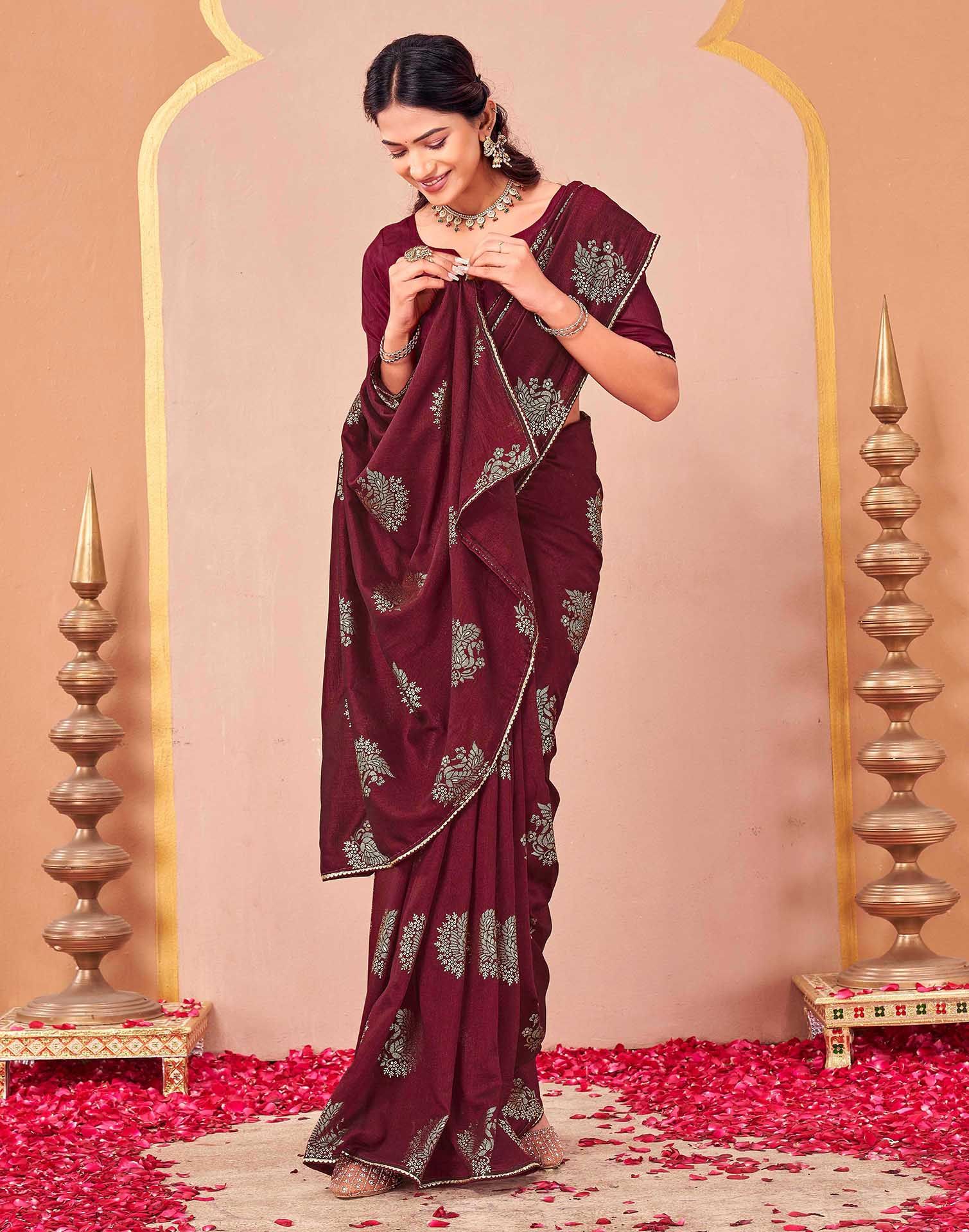 Maroon Vichitra Silk Foil Printed Gota Lace Saree