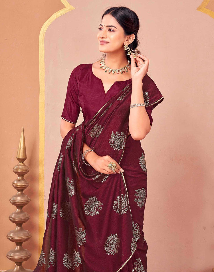 Maroon Vichitra Silk Foil Printed Gota Lace Saree