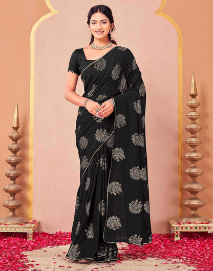 Black Vichitra Silk Foil Printed Gota Lace Saree