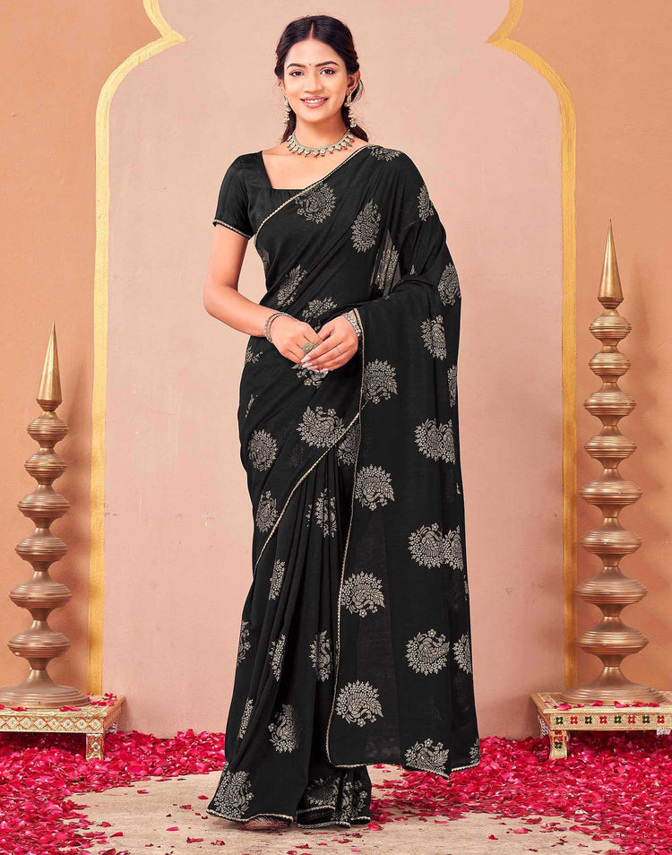 Black Vichitra Silk Foil Printed Gota Lace Saree