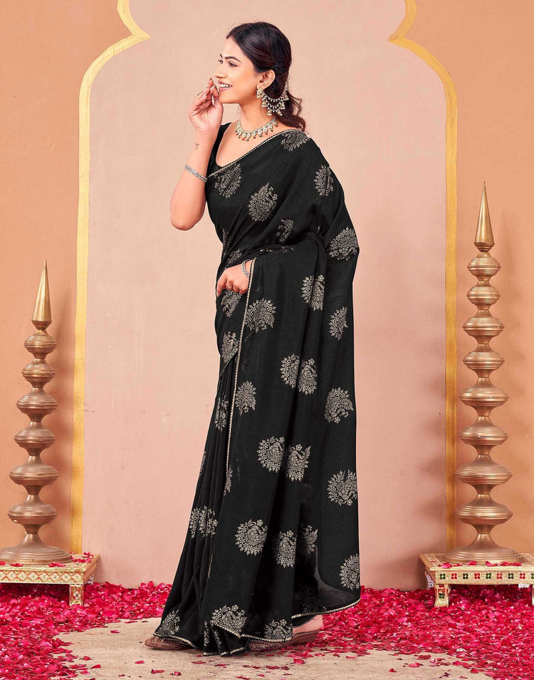 Black Vichitra Silk Foil Printed Gota Lace Saree
