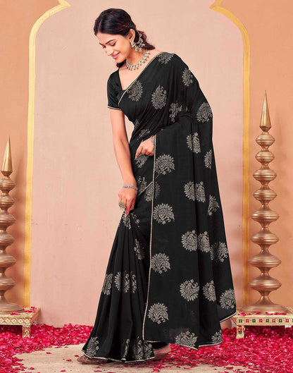 Black Vichitra Silk Foil Printed Gota Lace Saree