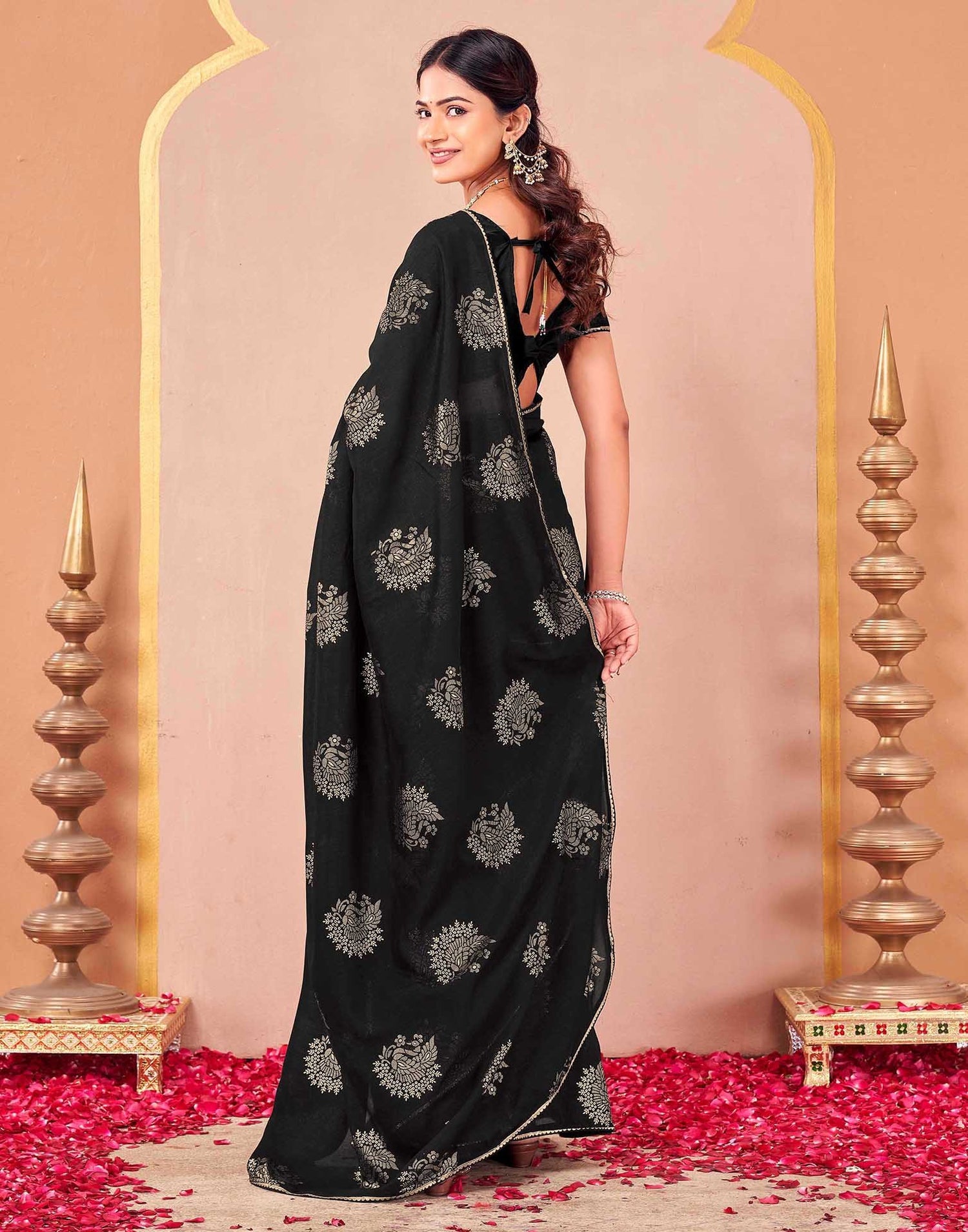 Black Vichitra Silk Foil Printed Gota Lace Saree