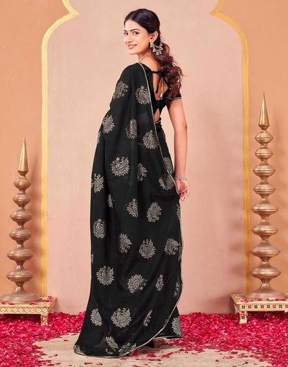 Black Vichitra Silk Foil Printed Gota Lace Saree