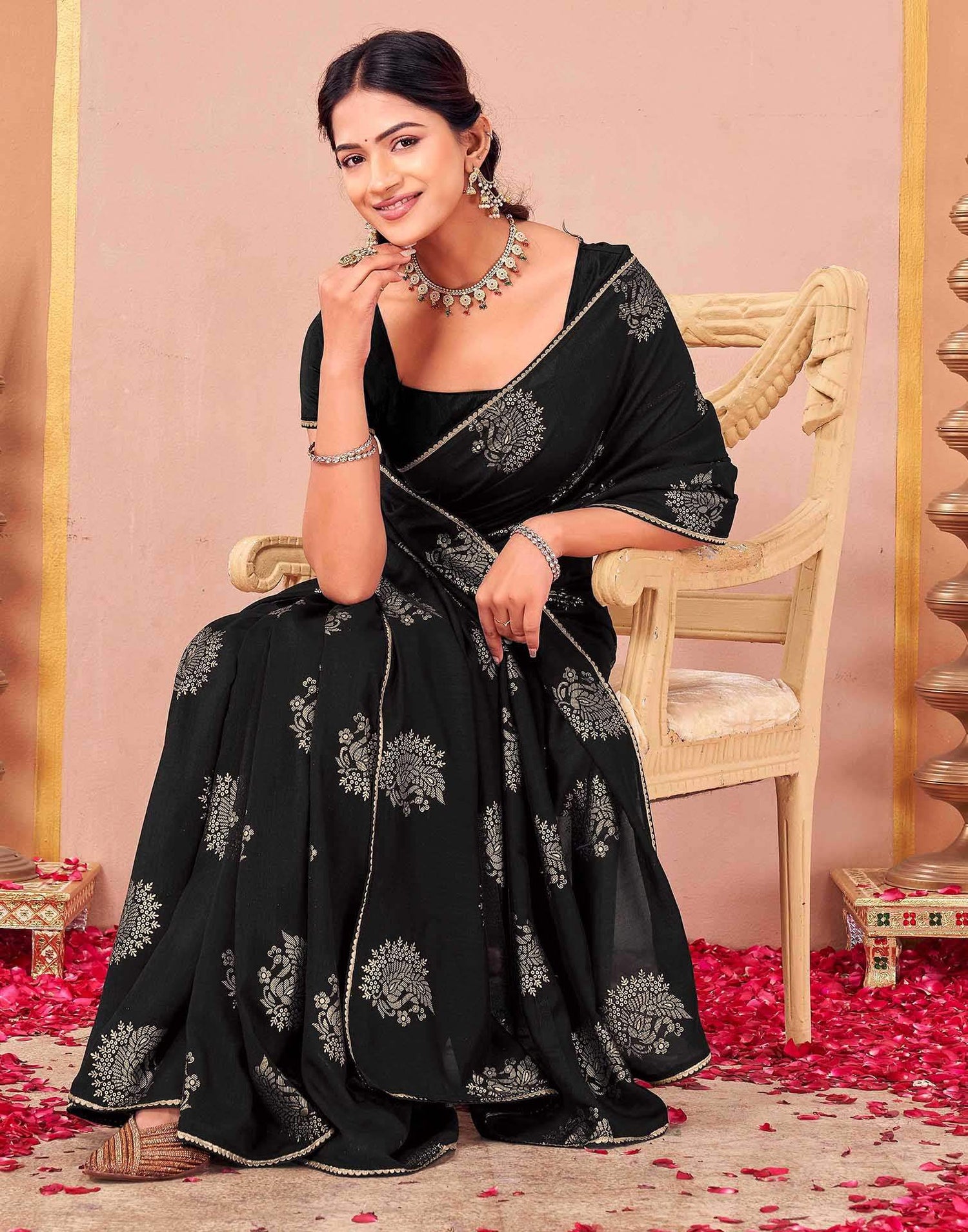 Black Vichitra Silk Foil Printed Gota Lace Saree