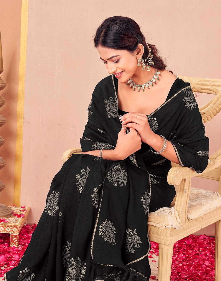 Black Vichitra Silk Foil Printed Gota Lace Saree