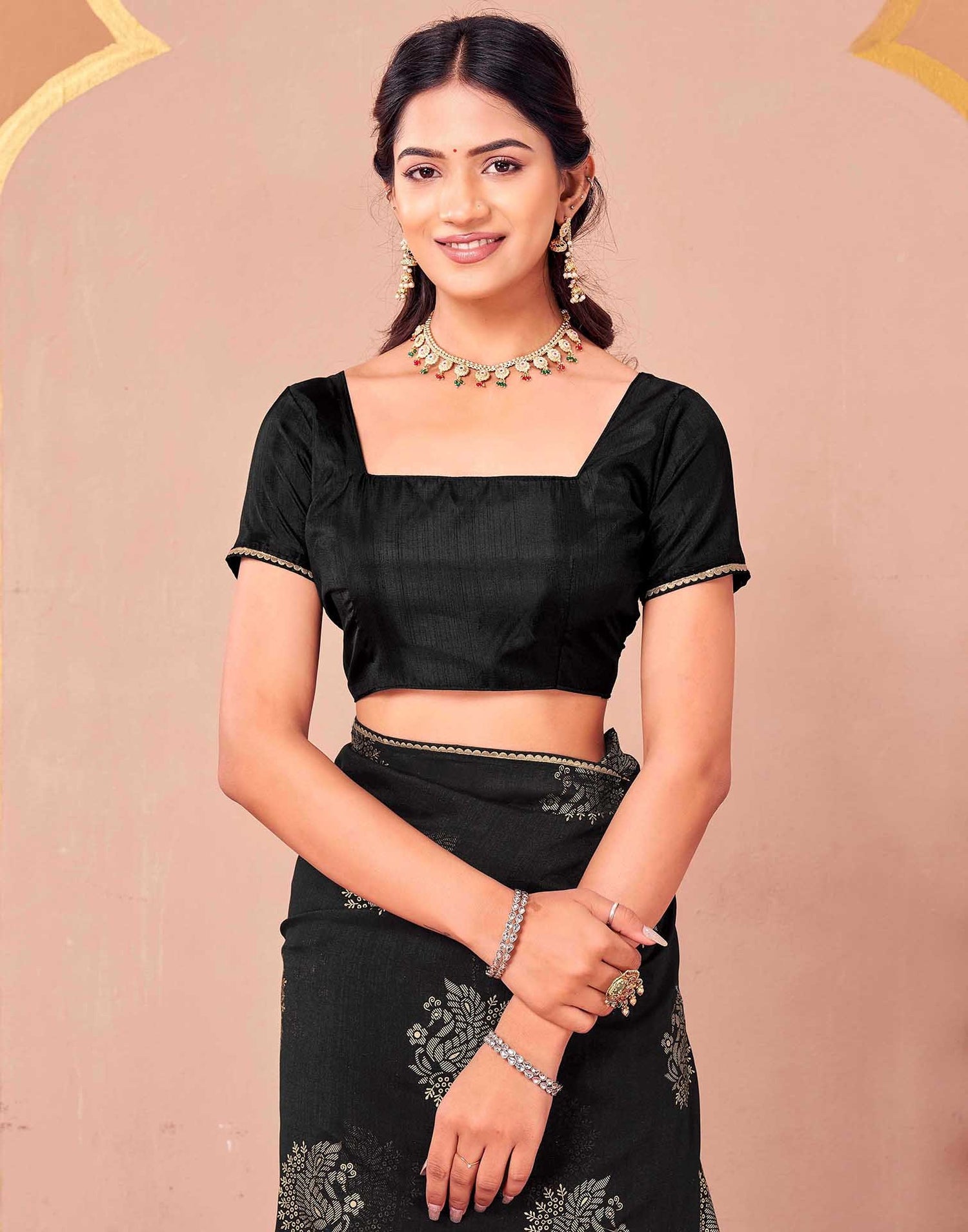 Black Vichitra Silk Foil Printed Gota Lace Saree