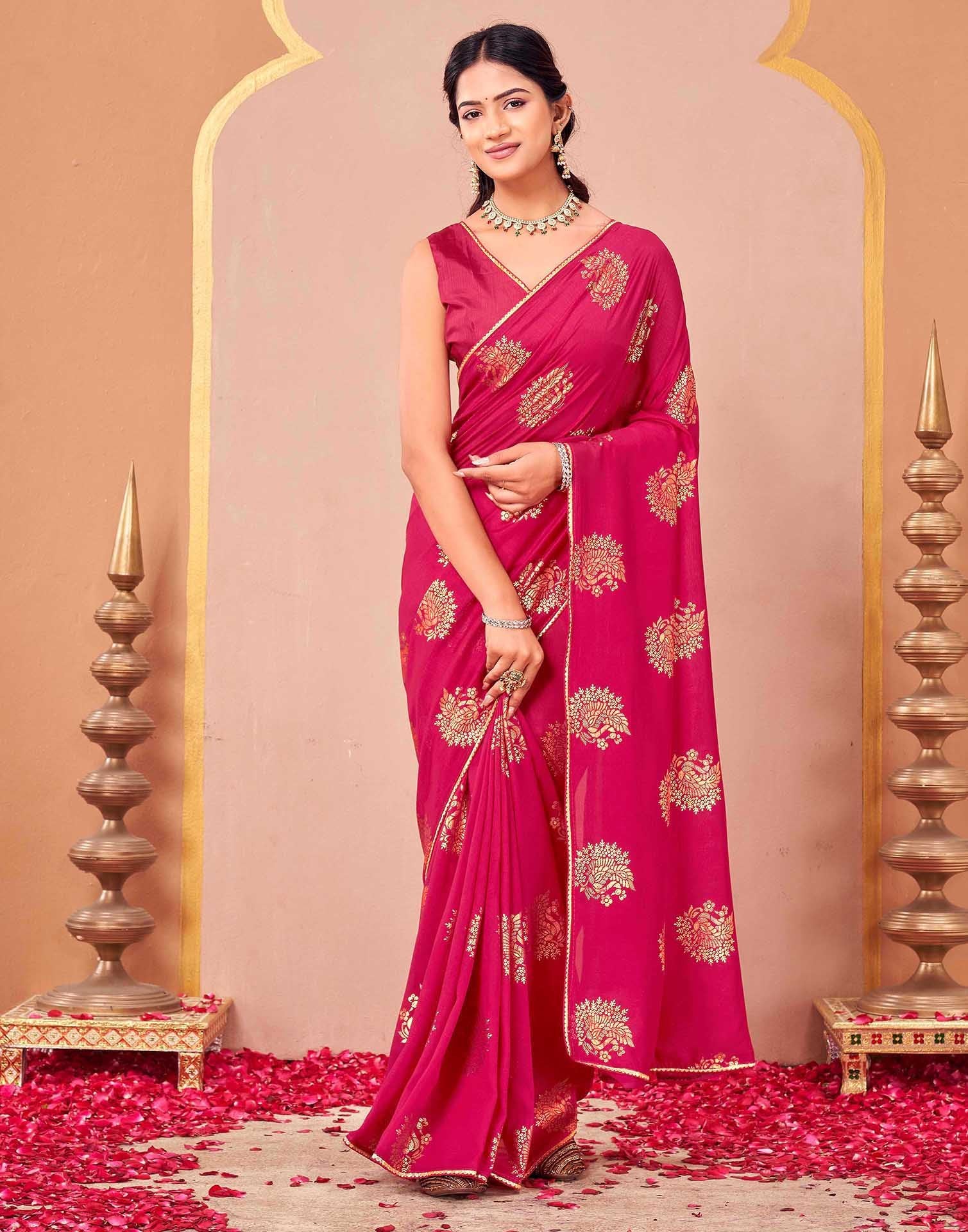 Rani Pink Vichitra Silk Foil Printed Gota Lace Saree