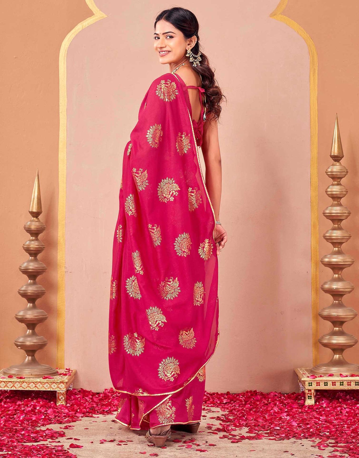 Rani Pink Vichitra Silk Foil Printed Gota Lace Saree