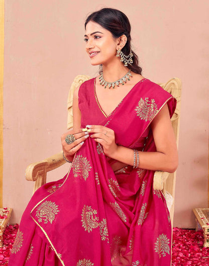 Rani Pink Vichitra Silk Foil Printed Gota Lace Saree