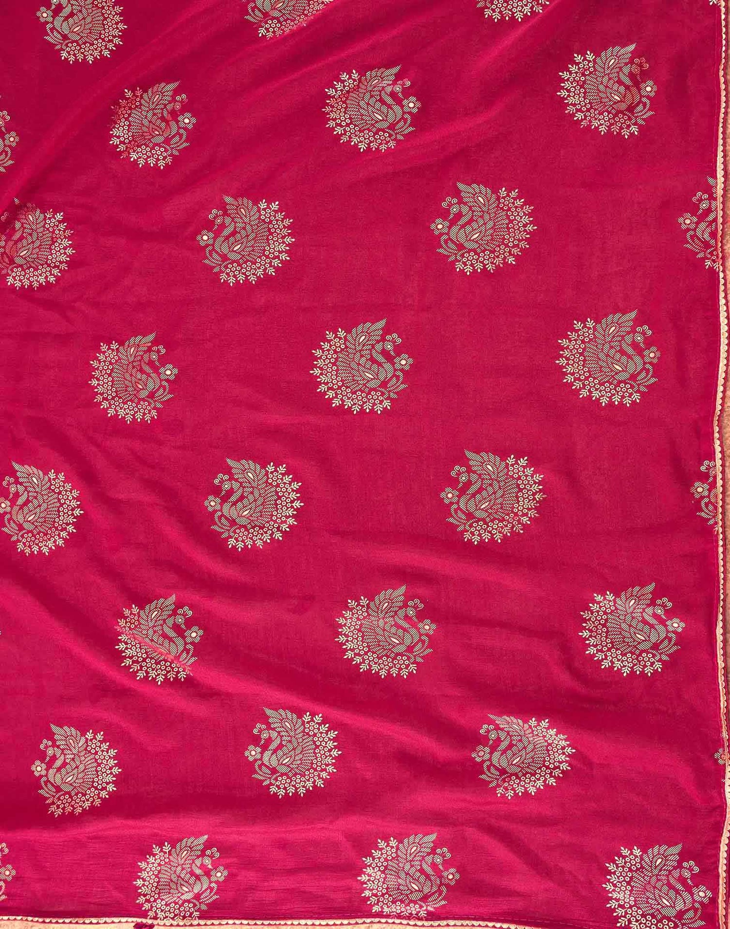 Rani Pink Vichitra Silk Foil Printed Gota Lace Saree