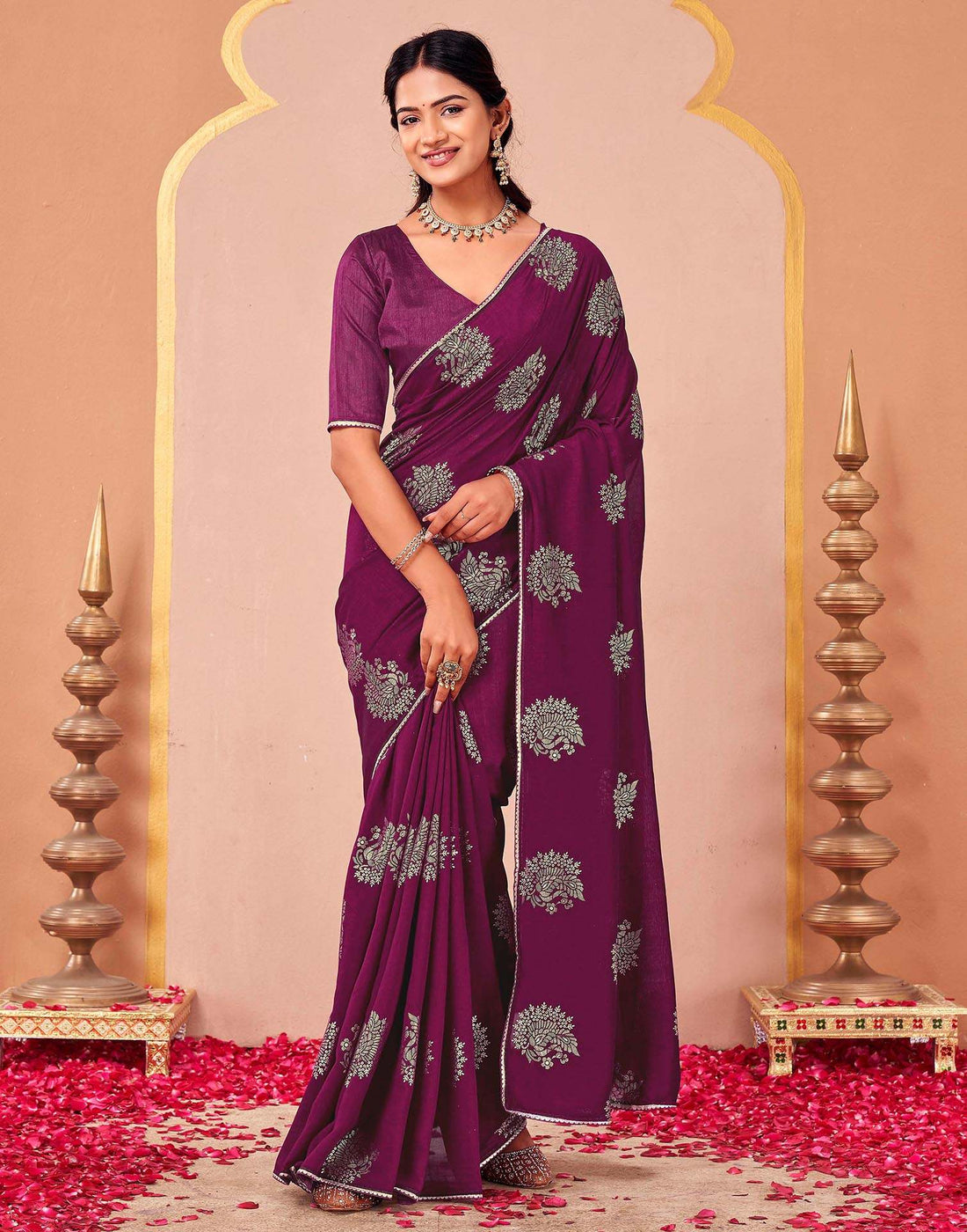 Magenta Vichitra Silk Foil Printed Gota Lace Saree