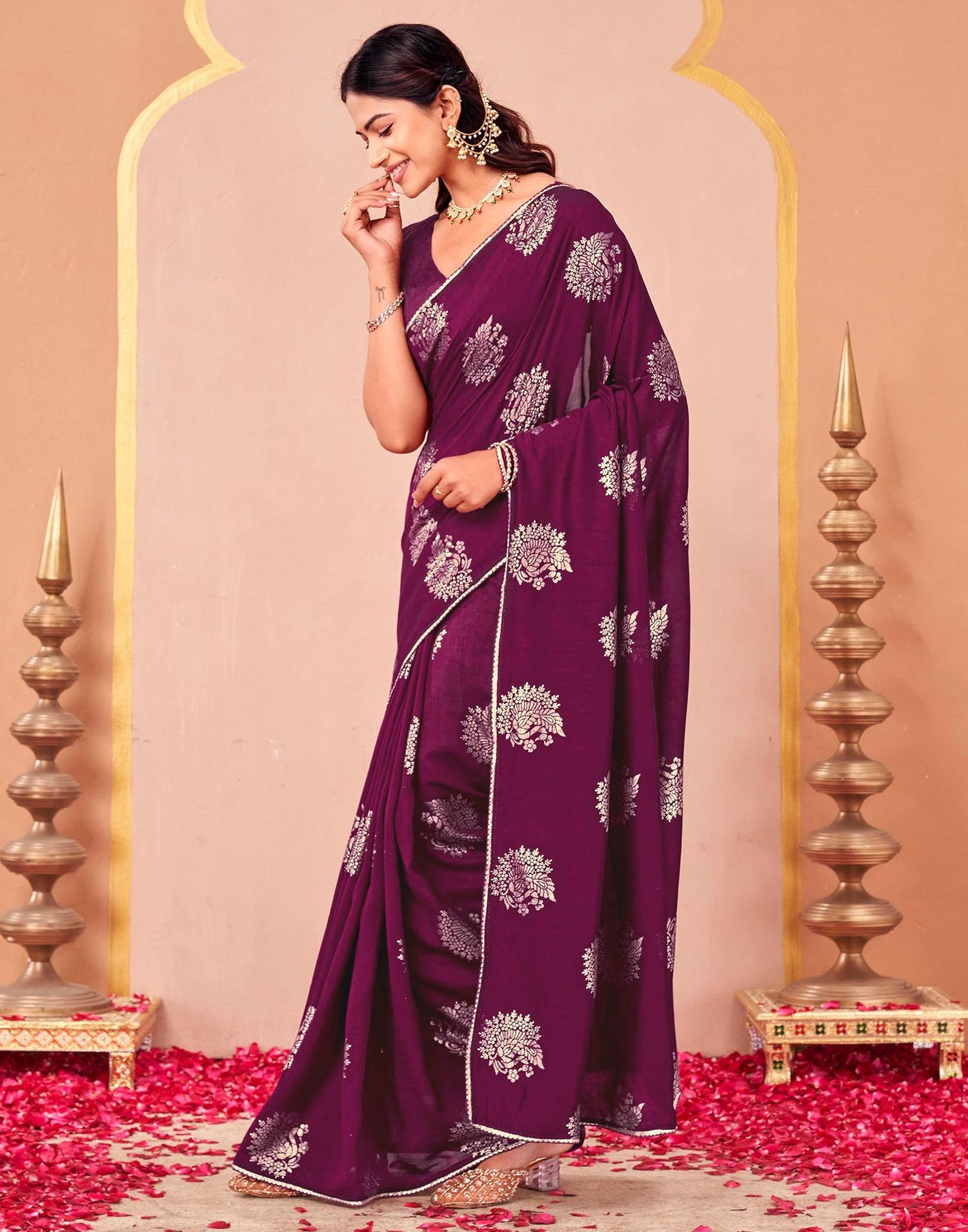 Magenta Vichitra Silk Foil Printed Gota Lace Saree