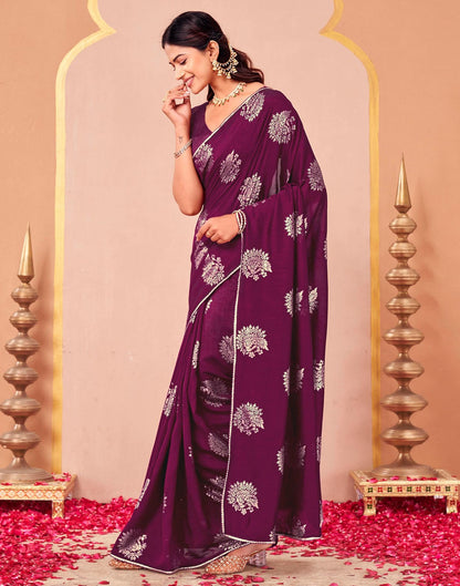 Magenta Vichitra Silk Foil Printed Gota Lace Saree
