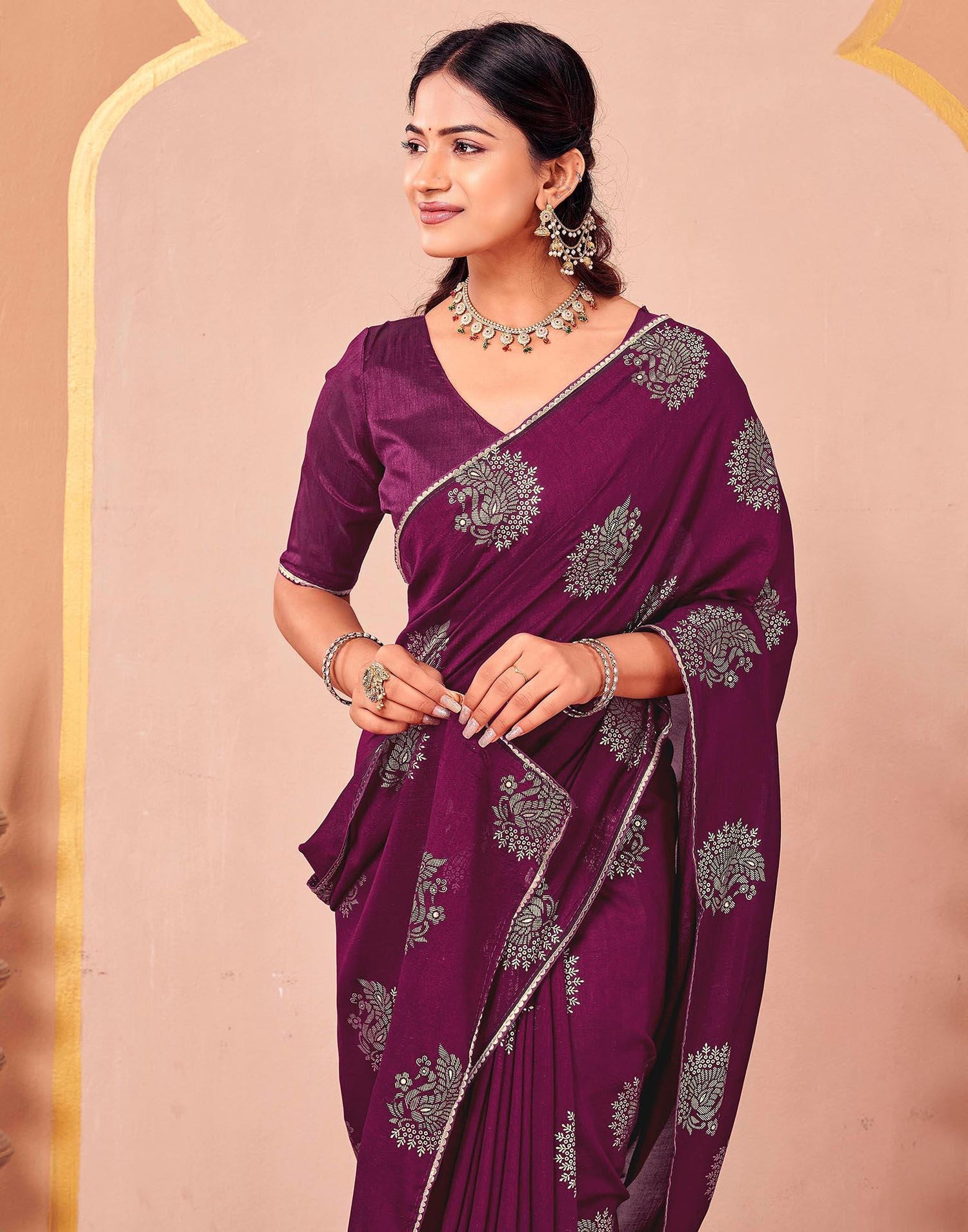 Magenta Vichitra Silk Foil Printed Gota Lace Saree
