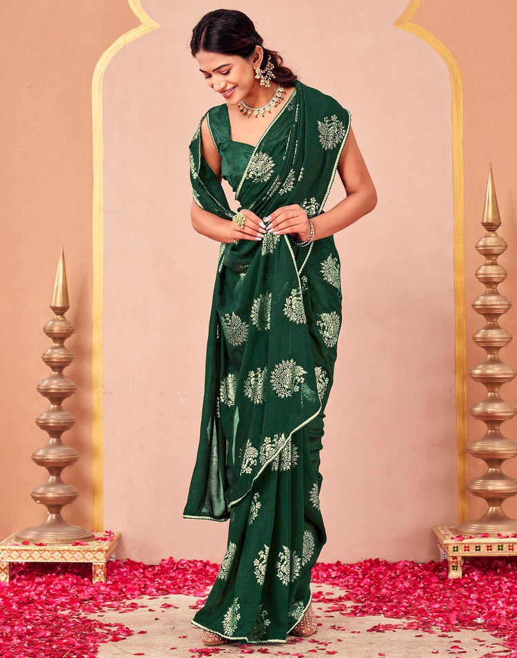 Green Vichitra Silk Foil Printed Gota Lace Saree