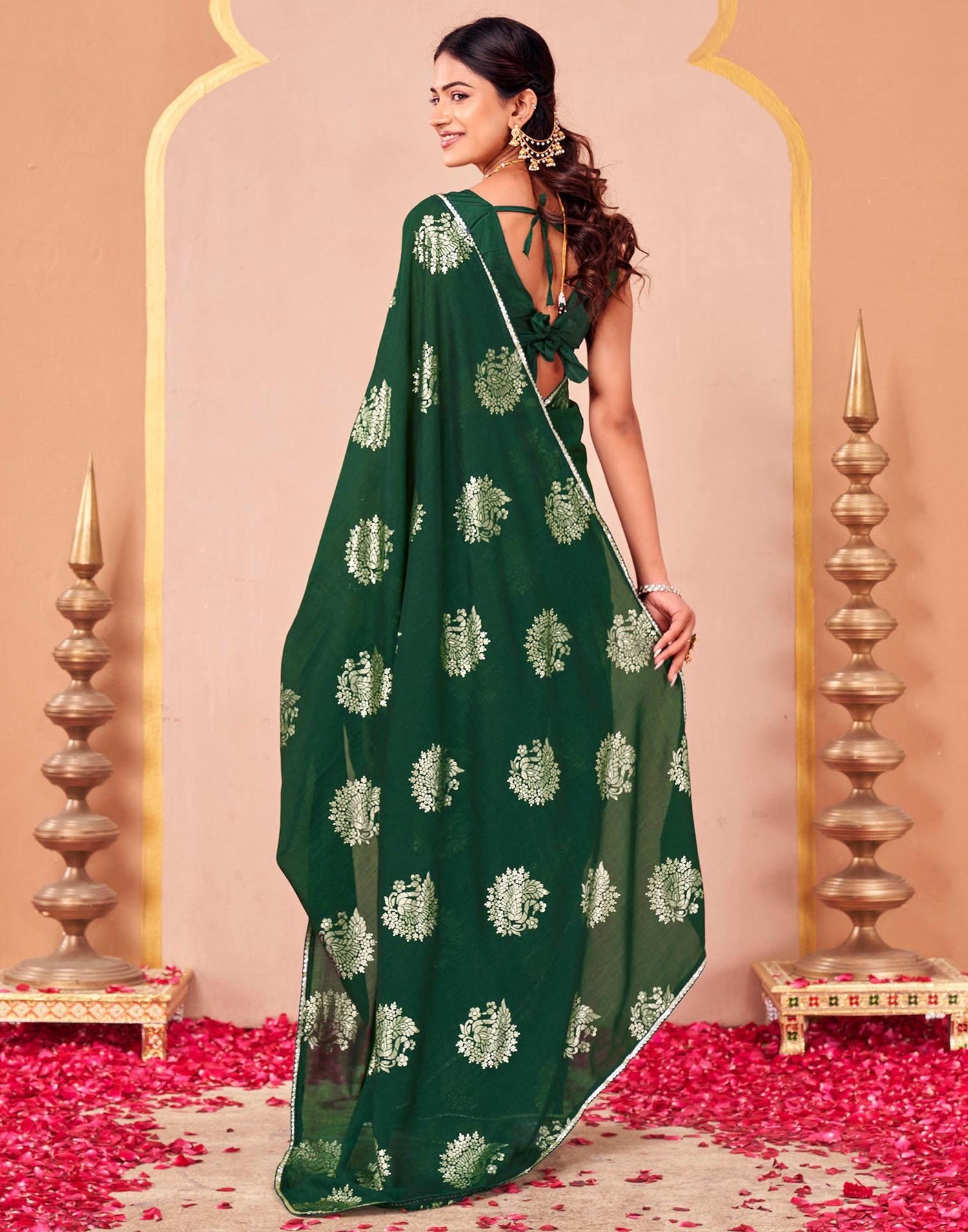 Green Vichitra Silk Foil Printed Gota Lace Saree