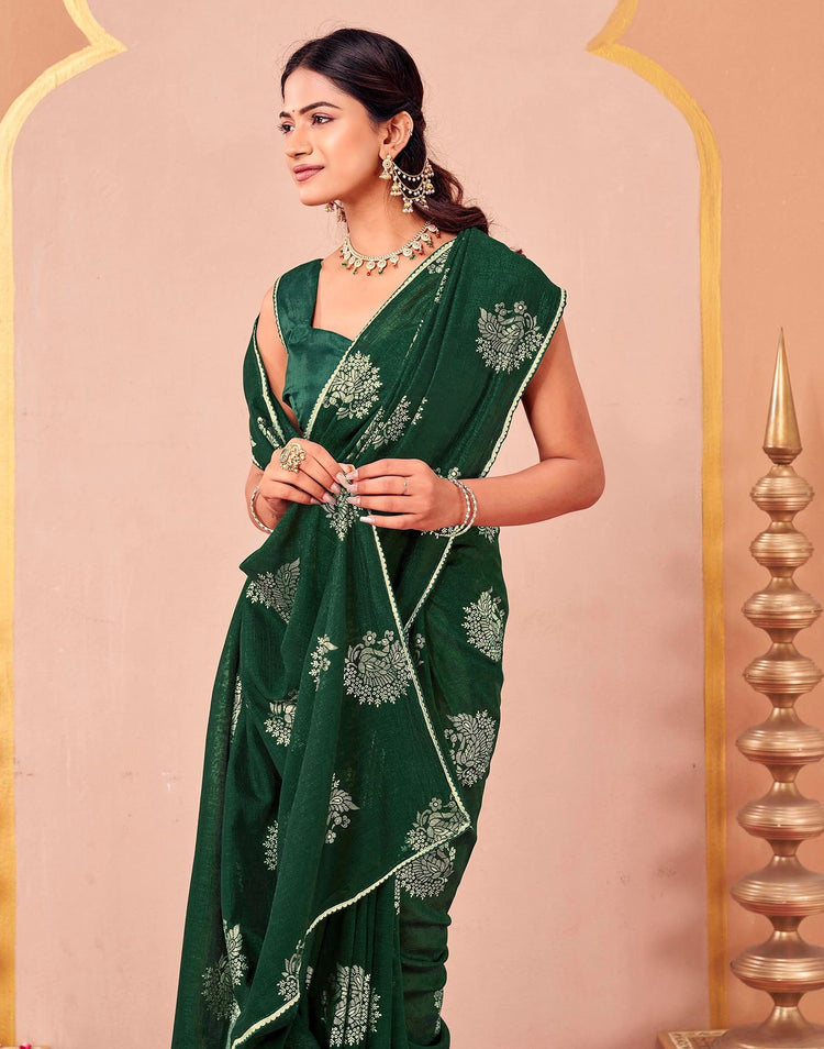 Green Vichitra Silk Foil Printed Gota Lace Saree