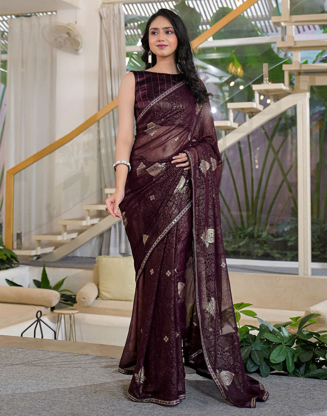 Wine Georgette Foil Printed Lace Saree