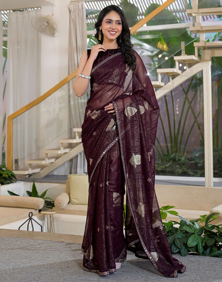 Wine Georgette Foil Printed Lace Saree