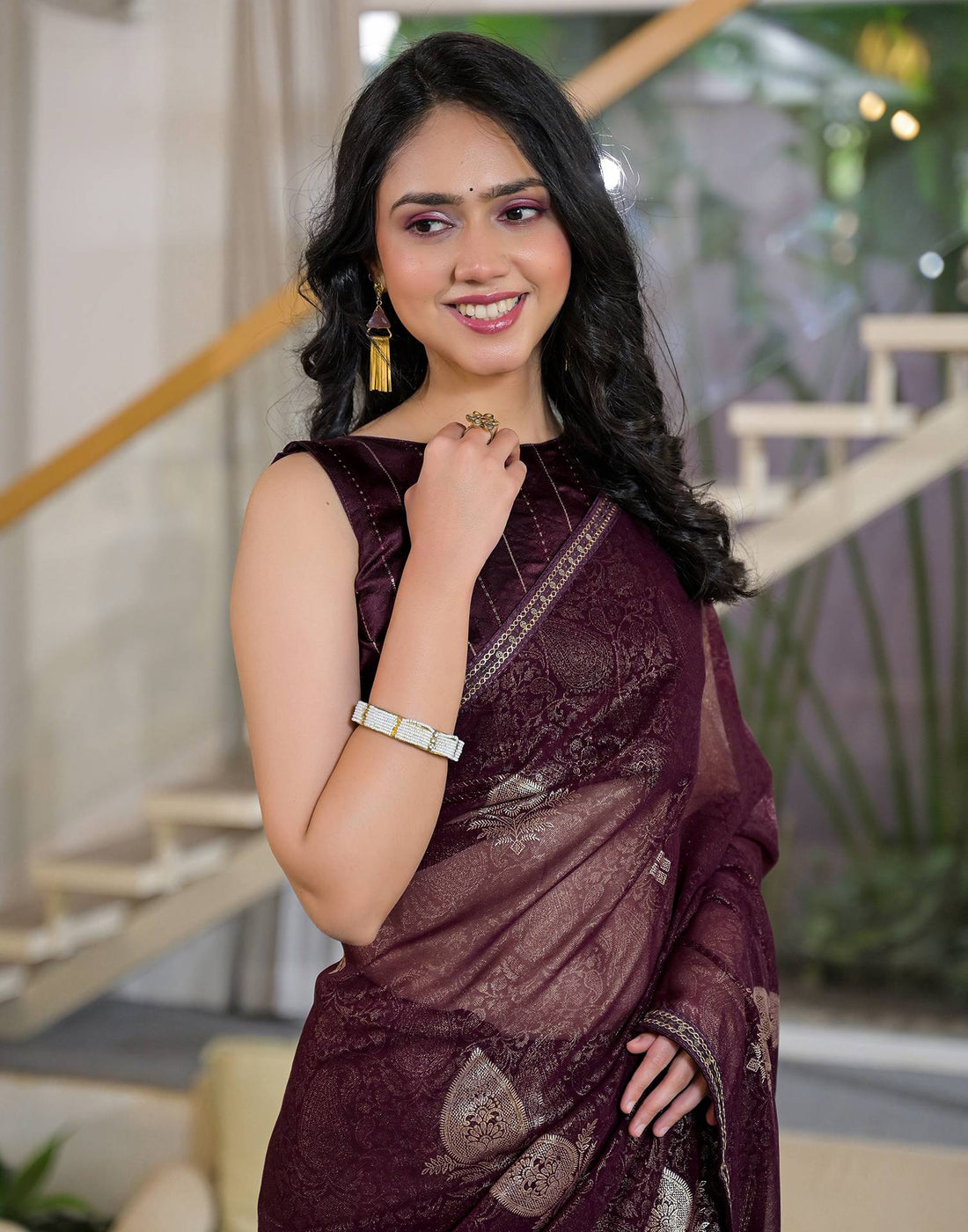 Wine Georgette Foil Printed Lace Saree