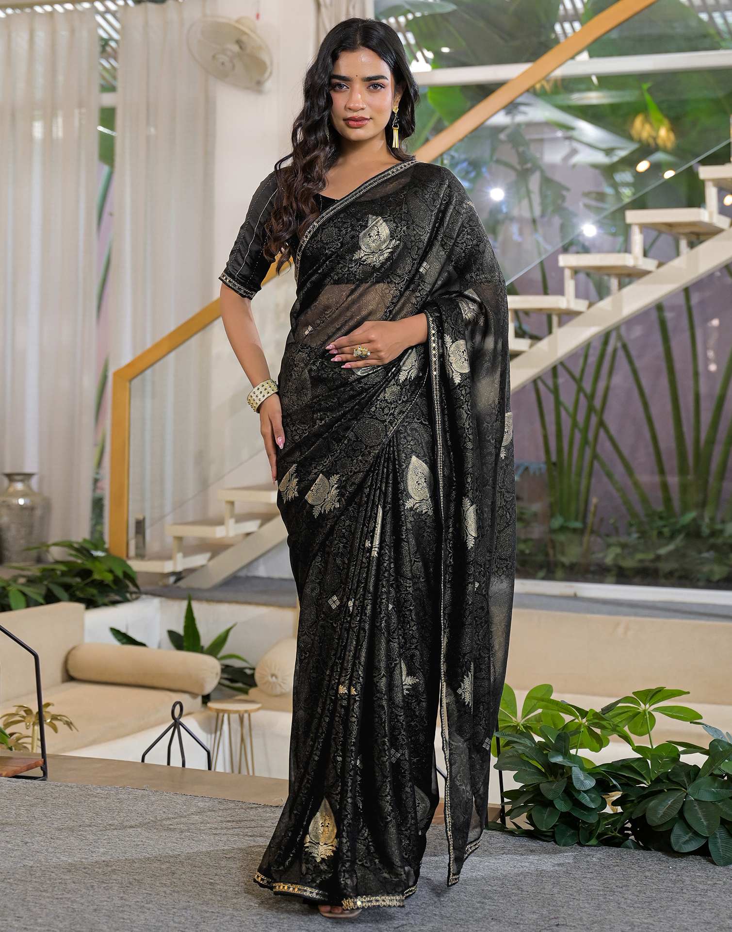 Black Georgette Foil Printed Lace Saree