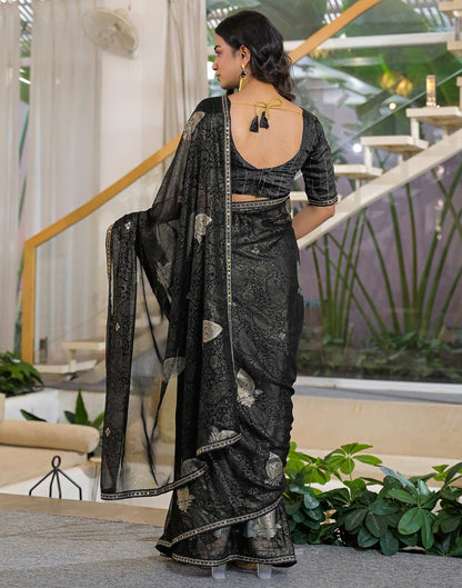 Black Georgette Foil Printed Lace Saree