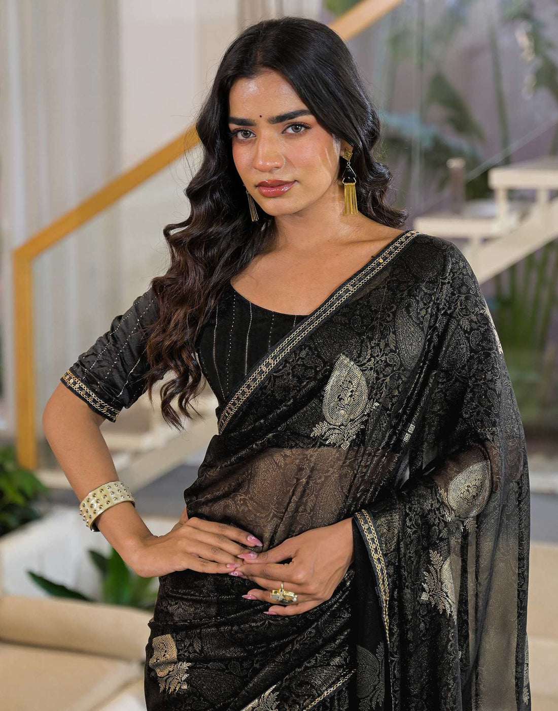 Black Georgette Foil Printed Lace Saree