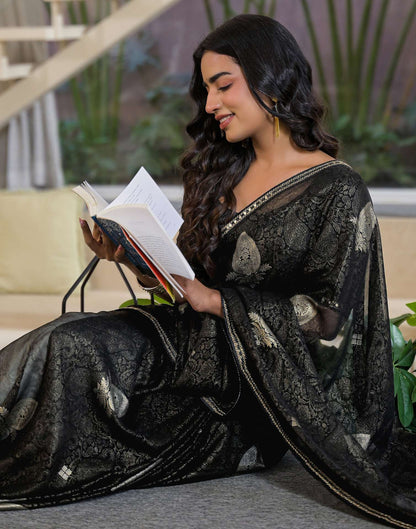 Black Georgette Foil Printed Lace Saree