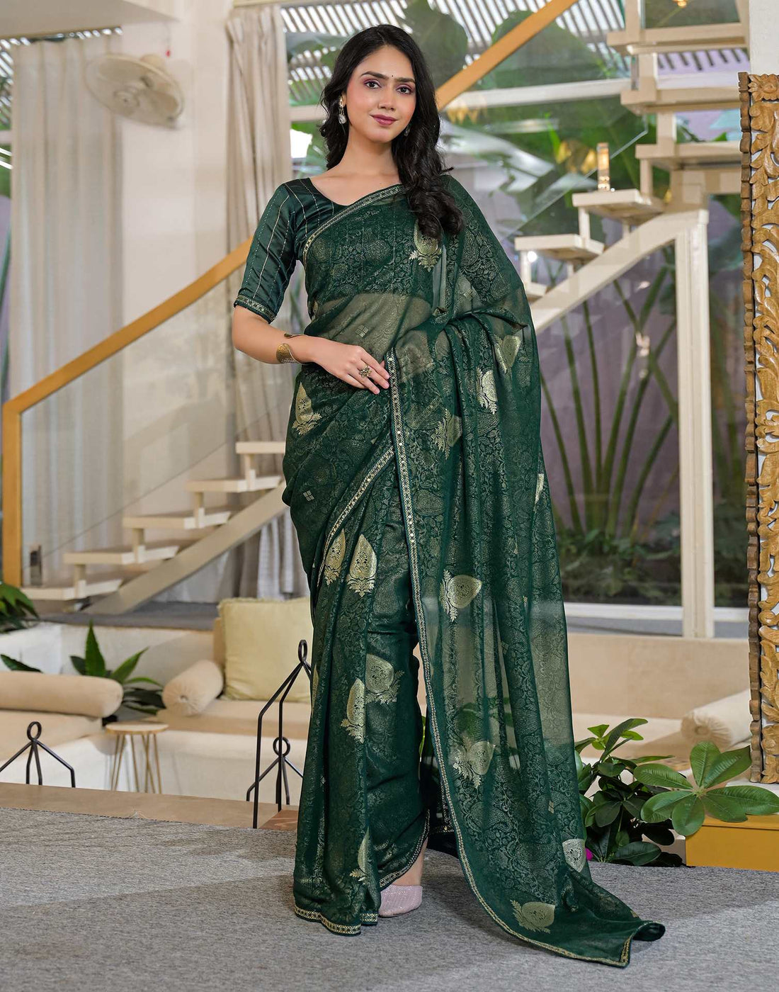Green Georgette Foil Printed Lace Saree