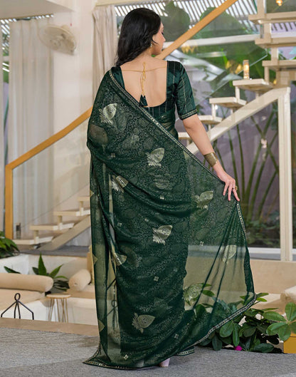 Green Georgette Foil Printed Lace Saree