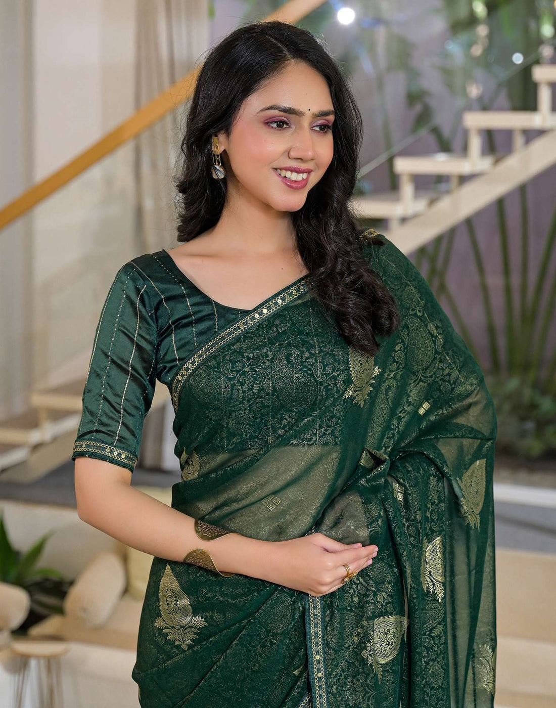 Green Georgette Foil Printed Lace Saree