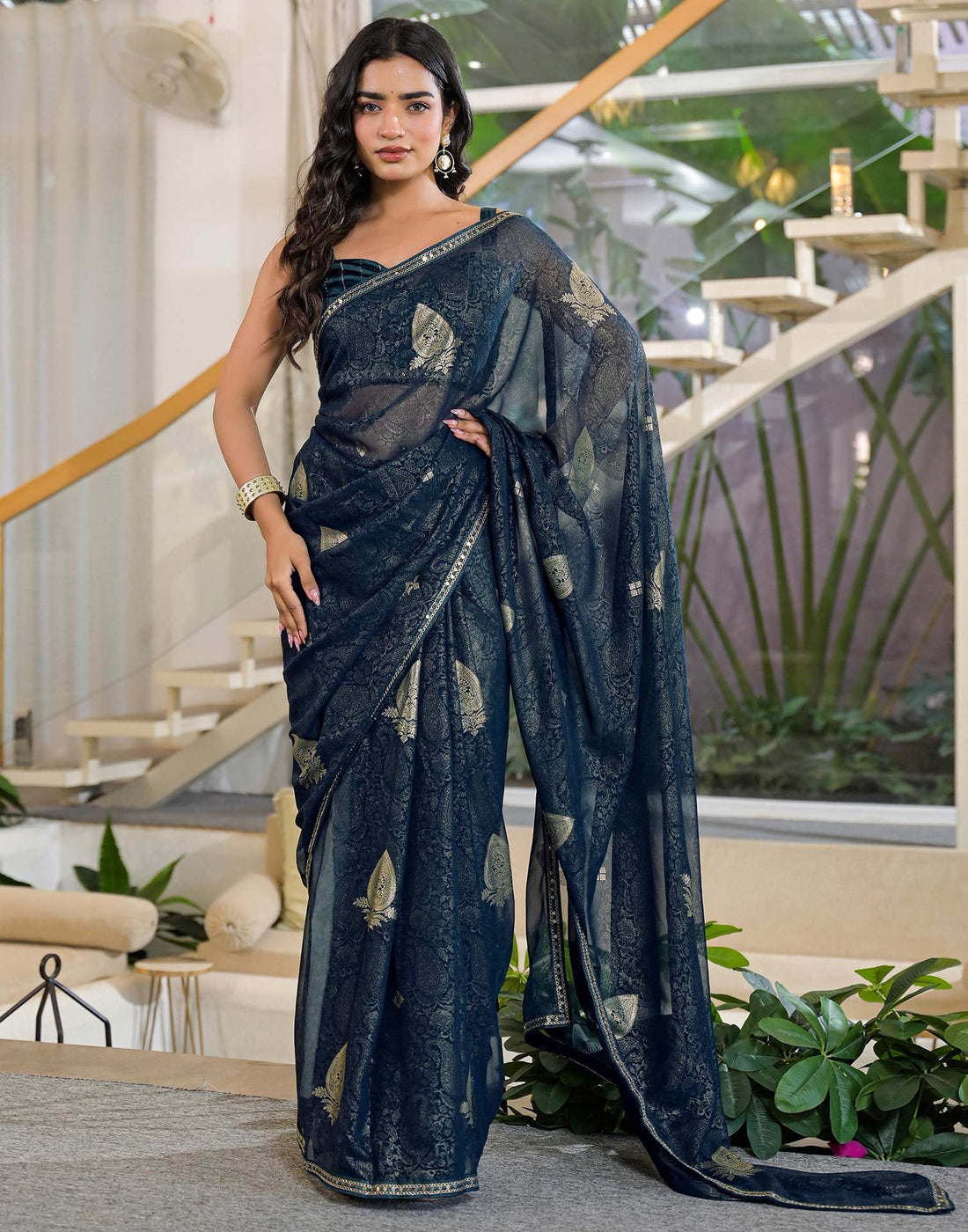 Rama Blue Georgette Foil Printed Lace Saree