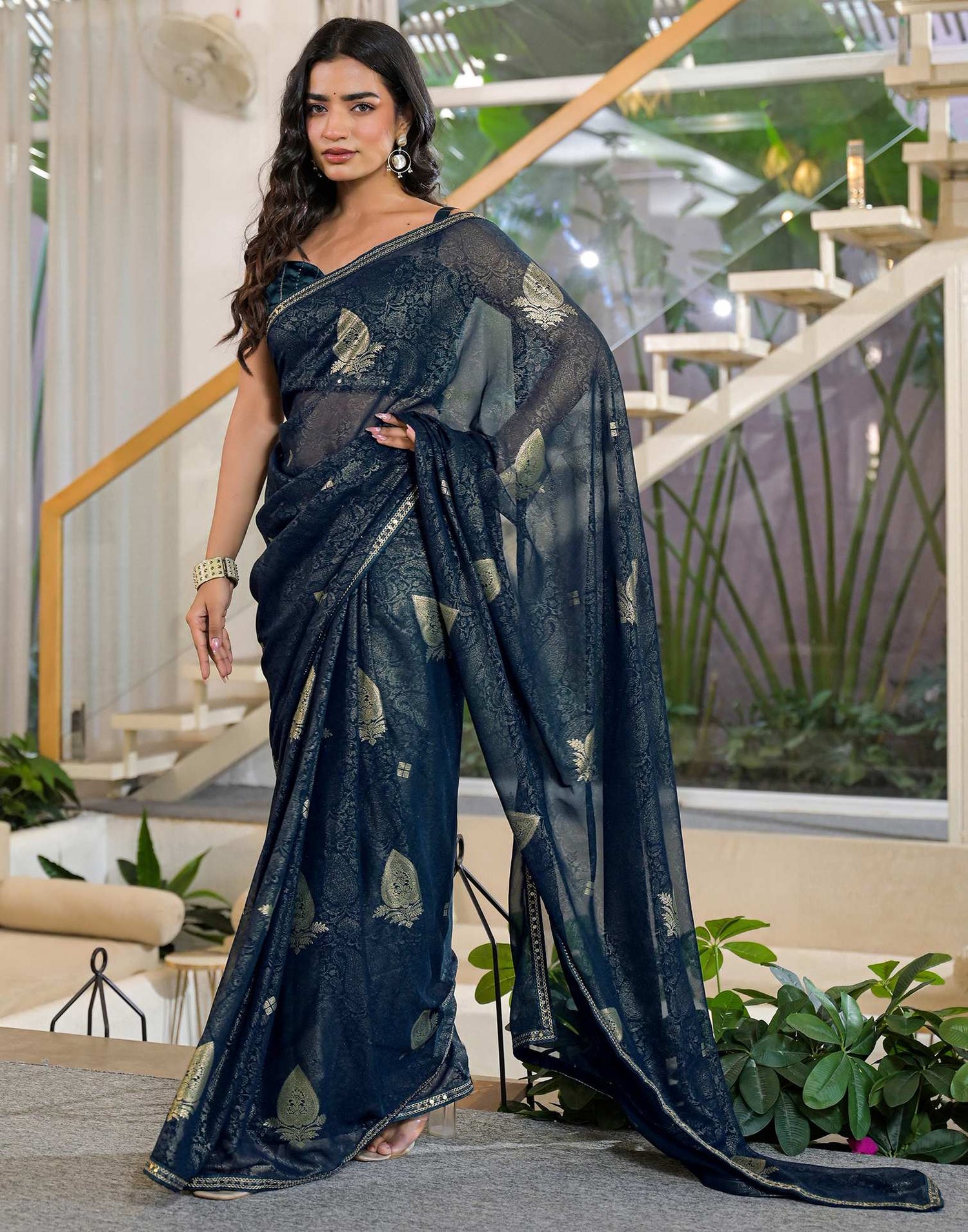 Rama Blue Georgette Foil Printed Lace Saree