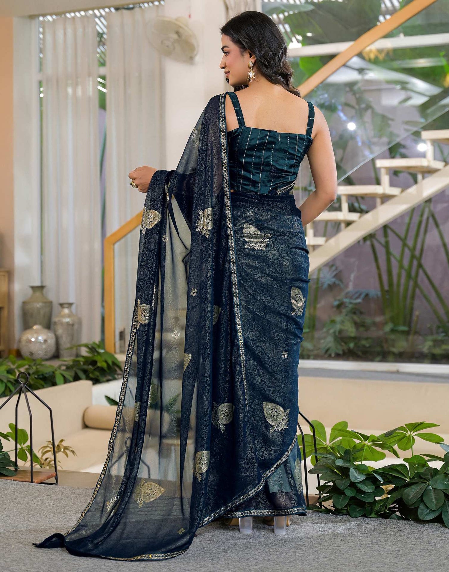 Rama Blue Georgette Foil Printed Lace Saree